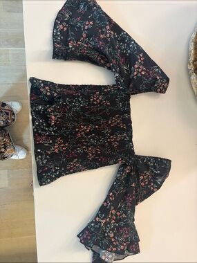 Blue Life Black Floral Cotton Top with Coral and Green Accents